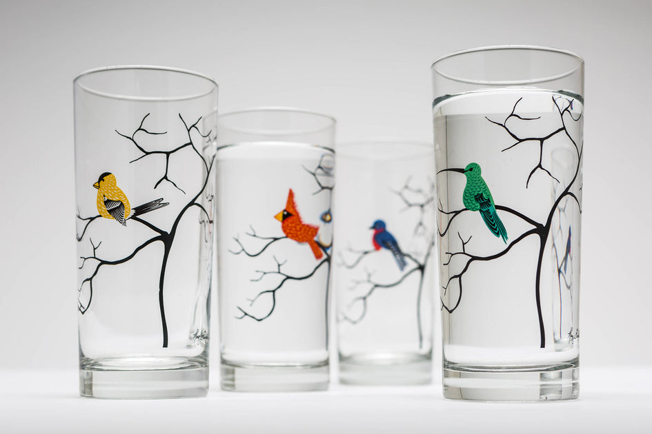 Vintage Set 4 Crystal Emporium Bird Tumblers Drinking Glasses