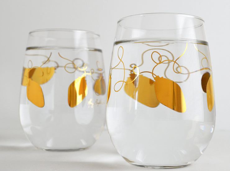Metallic Gold Retro Christmas Lights Stemless Wine Glasses - Set of 2 –  MaryElizabethArts