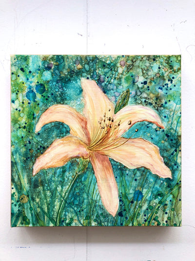 Original Daylily Mixed Media Painting 12" x 12" Canvas