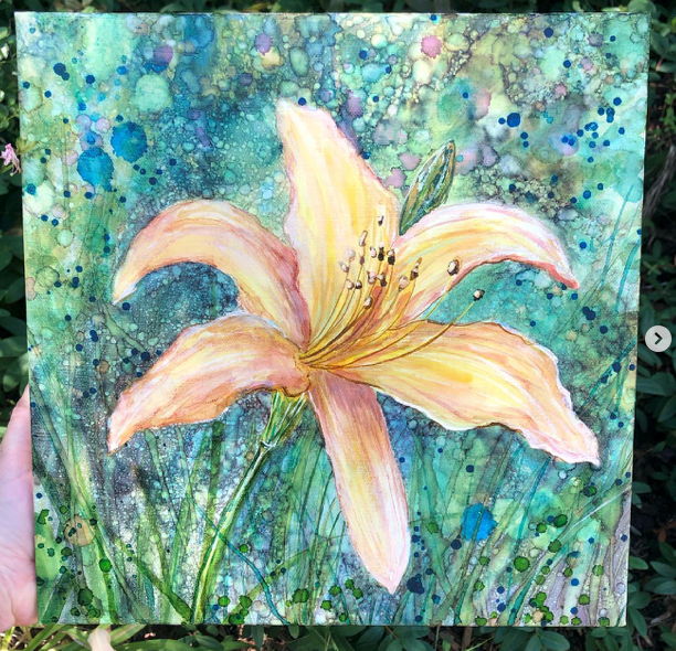 Original Daylily Mixed Media Painting 12" x 12" Canvas