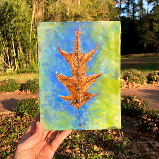 Oak Tree Leaf Original Encaustic Painting 6" x 8"